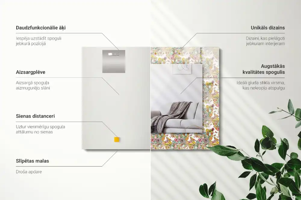 Pravokotne ogledalo s potiskanim okvirjem Barviti metulji, rože