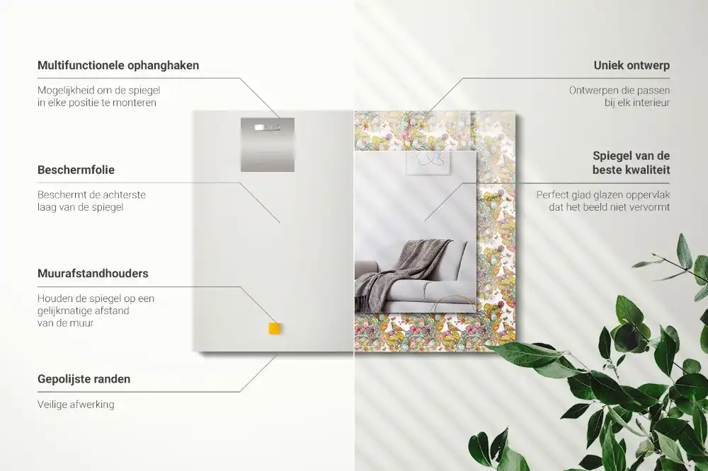 Pravokotne ogledalo s potiskanim okvirjem Barviti metulji, rože