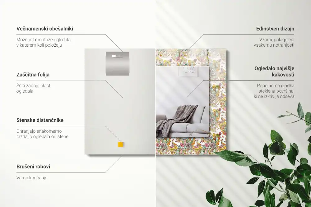 Pravokotne ogledalo s potiskanim okvirjem Barviti metulji, rože