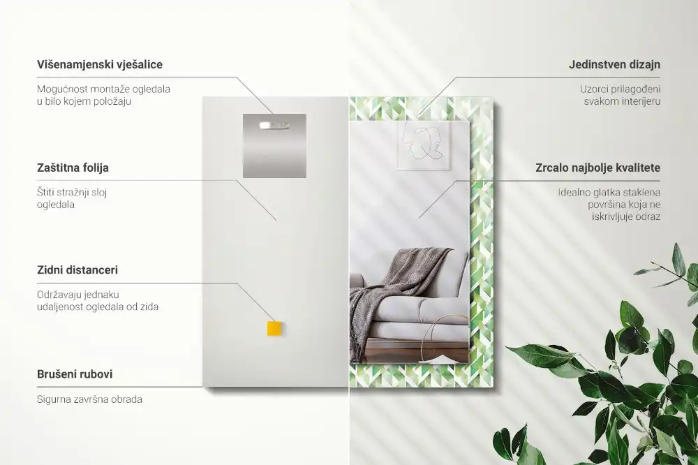 Pravokotne ogledalo s potiskanim okvirjem Zeleni geometrijski vzorec