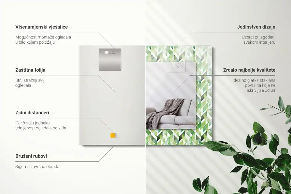 Pravokotne ogledalo s potiskanim okvirjem Zeleni geometrijski vzorec