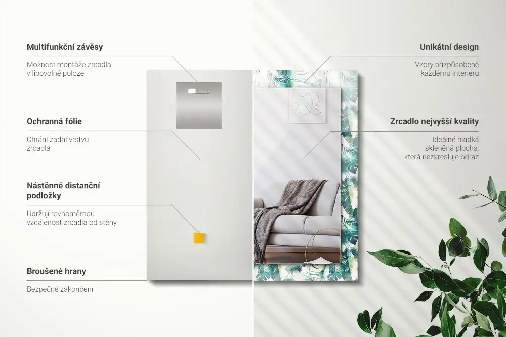 Pravokotne okrasno ogledalo Zeleni tropski listi