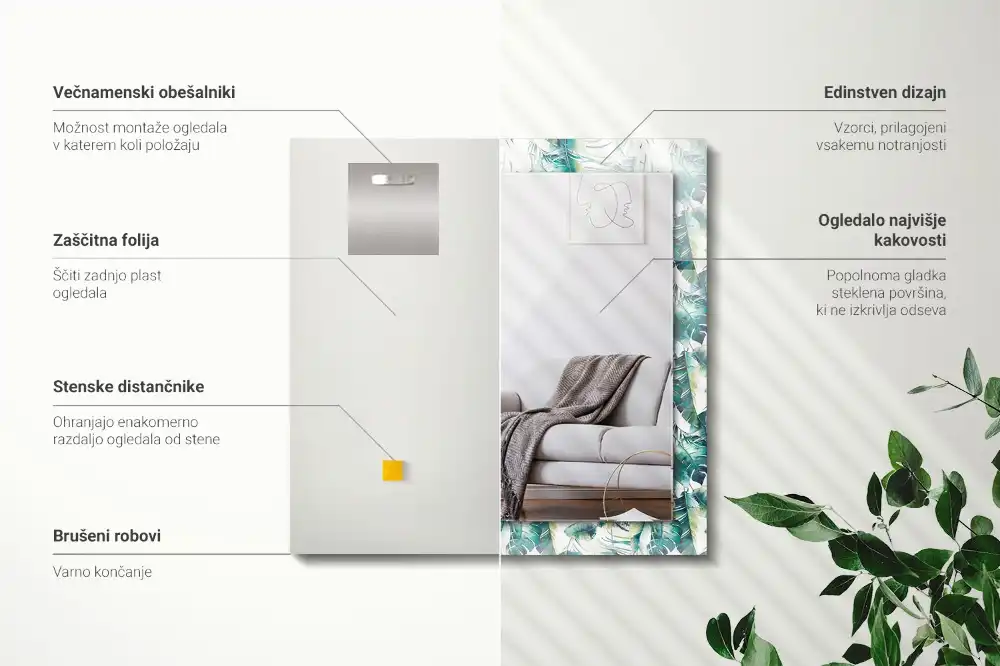 Pravokotne okrasno ogledalo Zeleni tropski listi