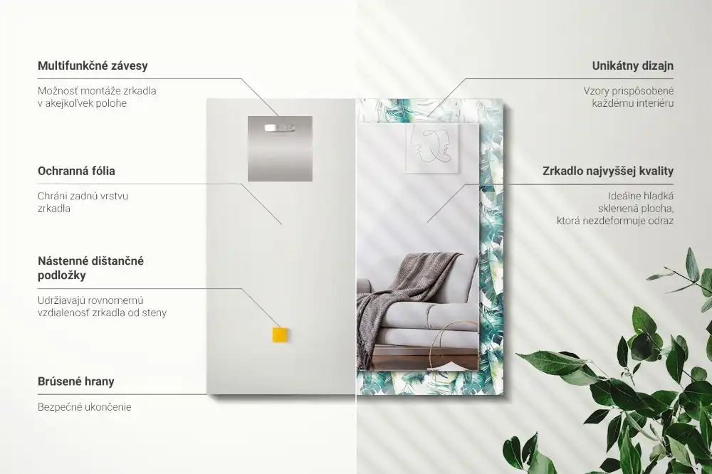 Pravokotne okrasno ogledalo Zeleni tropski listi