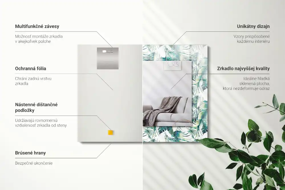 Pravokotne okrasno ogledalo Zeleni tropski listi