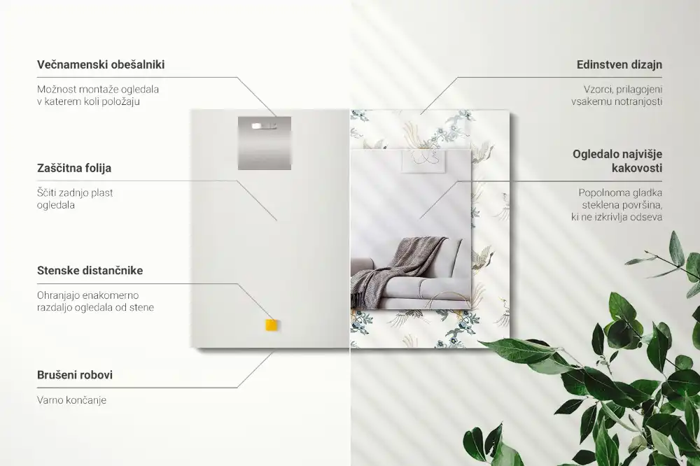 Pravokotne okrasno ogledalo Ptice in rože