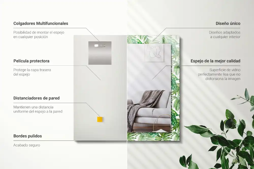 Pravokotne ogledalo s potiskanim okvirjem Zeleni tropski listi