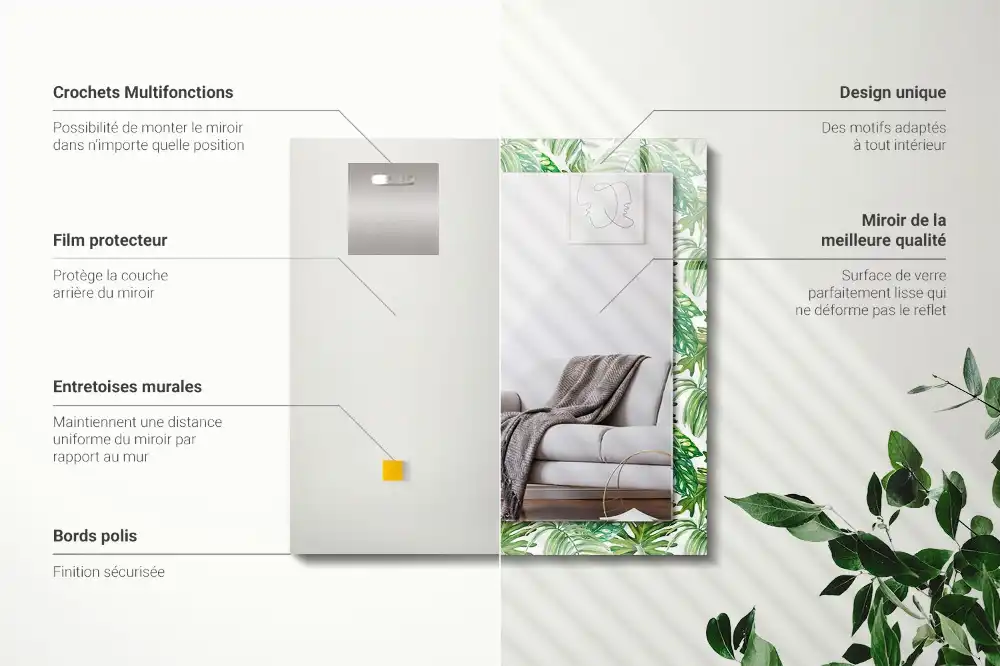 Pravokotne ogledalo s potiskanim okvirjem Zeleni tropski listi