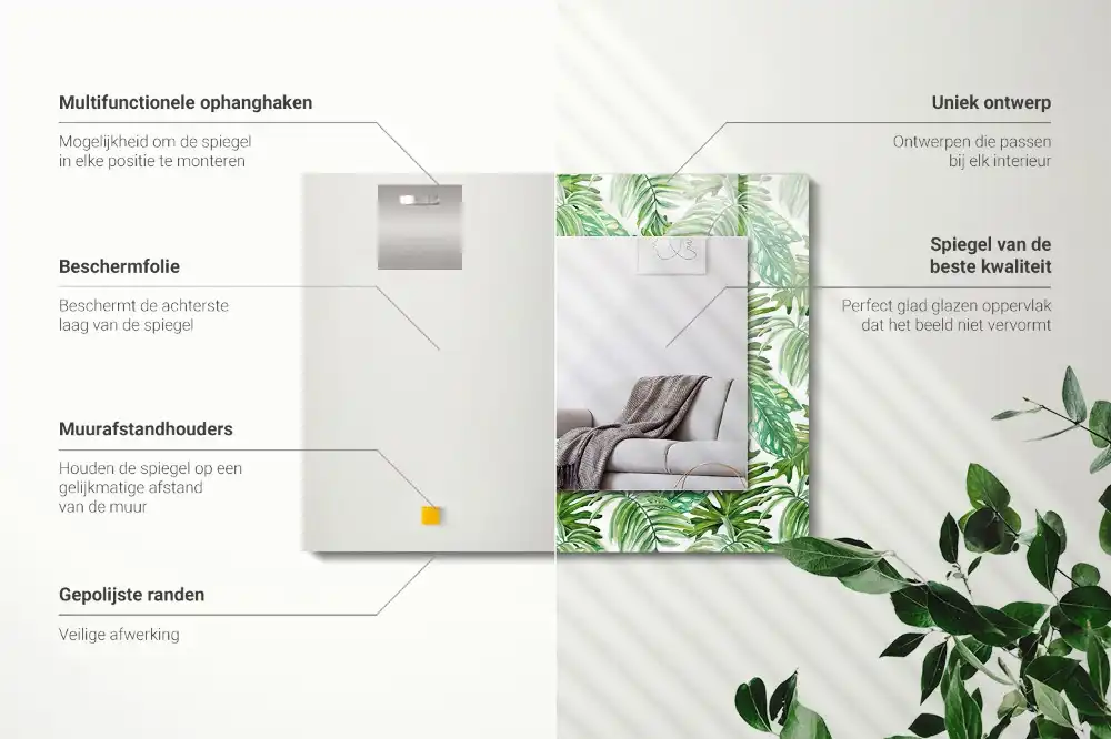 Pravokotne ogledalo s potiskanim okvirjem Zeleni tropski listi