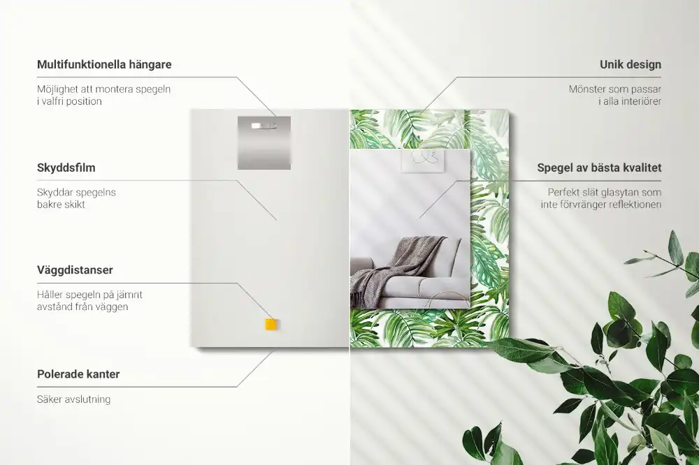 Pravokotne ogledalo s potiskanim okvirjem Zeleni tropski listi