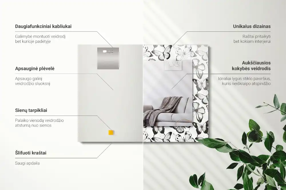 Pravokotne ogledalo s potiskanim okvirjem Črno-beli metulji