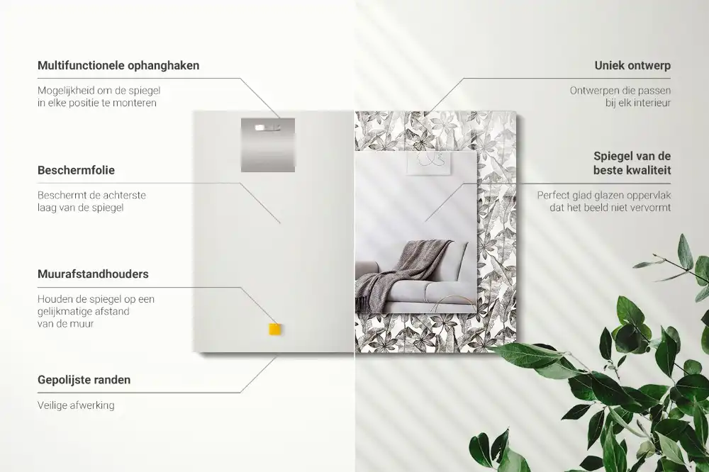 Pravokotne ogledalo s potiskanim okvirjem Listi in cvetovi