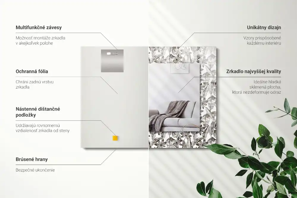 Pravokotne ogledalo s potiskanim okvirjem Listi in cvetovi