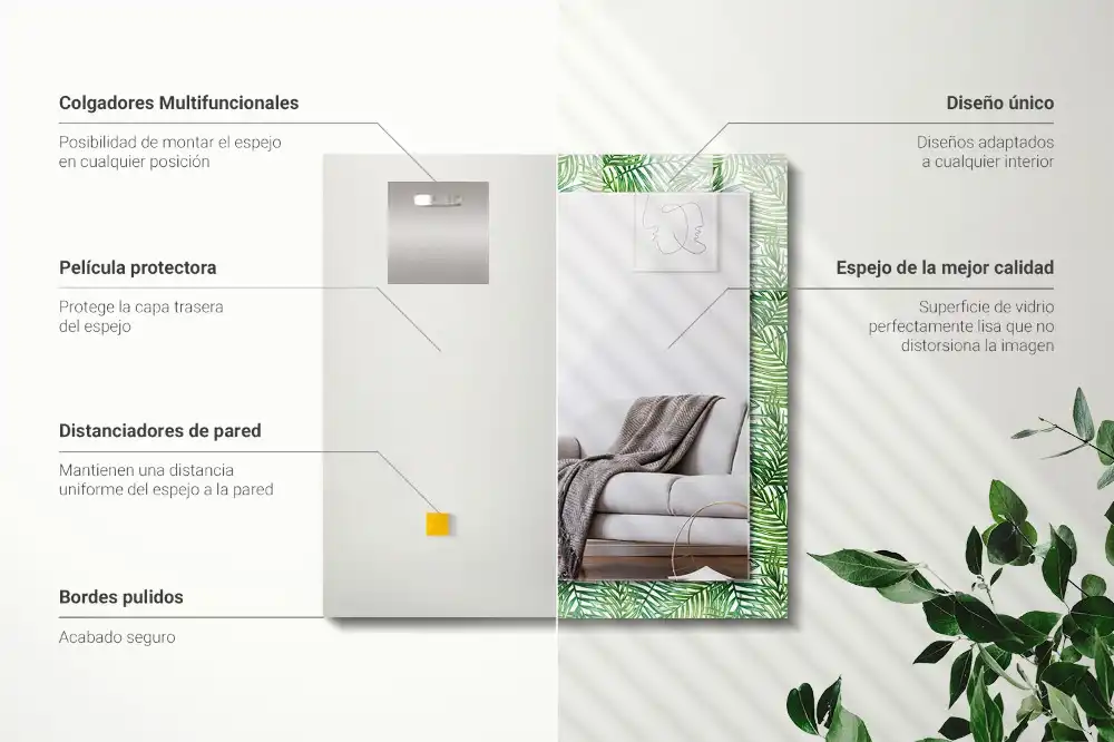 Pravokotne ogledalo s potiskanim okvirjem Zeleni palmovi listi