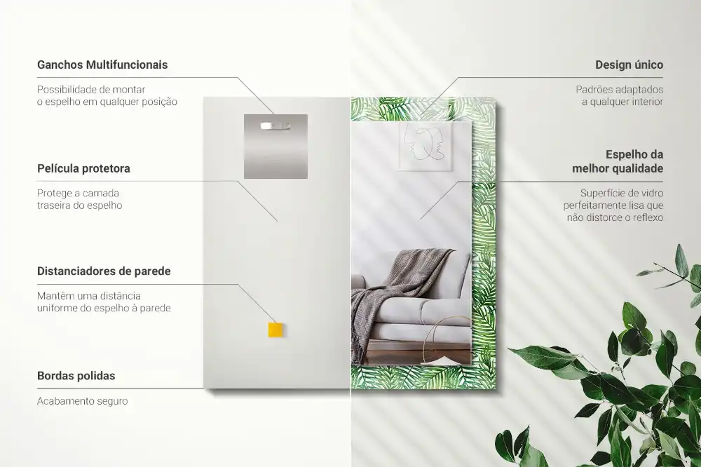 Pravokotne ogledalo s potiskanim okvirjem Zeleni palmovi listi