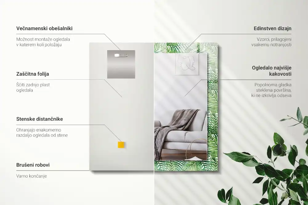 Pravokotne ogledalo s potiskanim okvirjem Zeleni palmovi listi