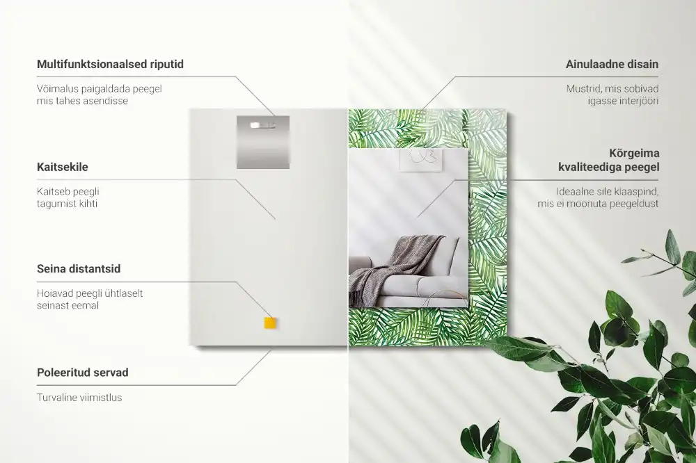 Pravokotne ogledalo s potiskanim okvirjem Zeleni palmovi listi