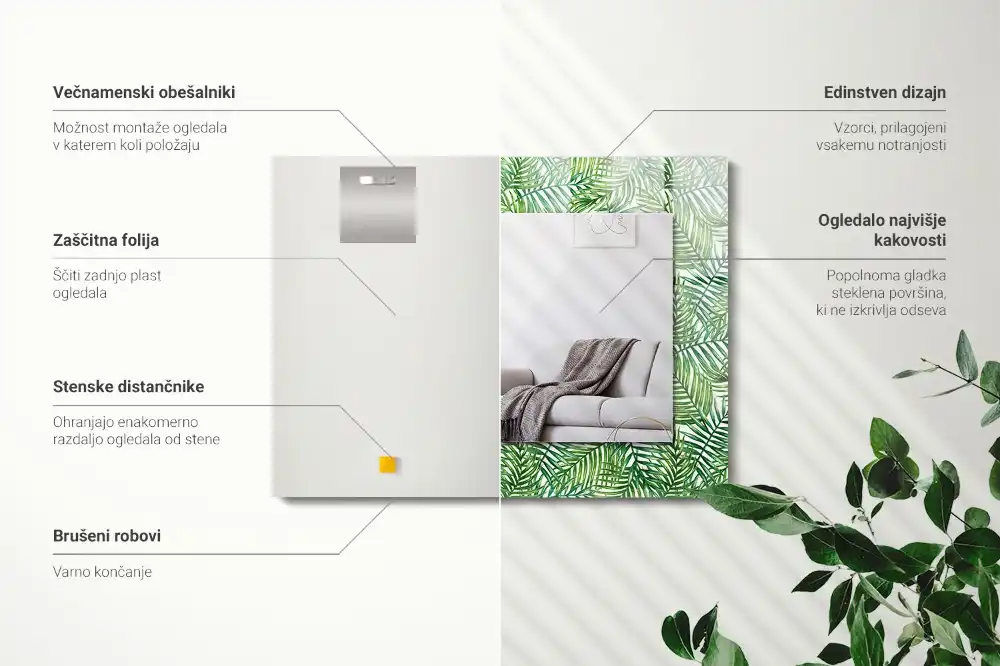 Pravokotne ogledalo s potiskanim okvirjem Zeleni palmovi listi