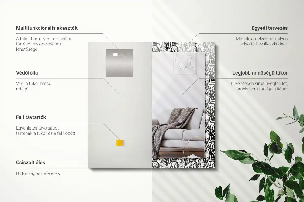 Tiskano pravokotne ogledalo Črno-beli listi