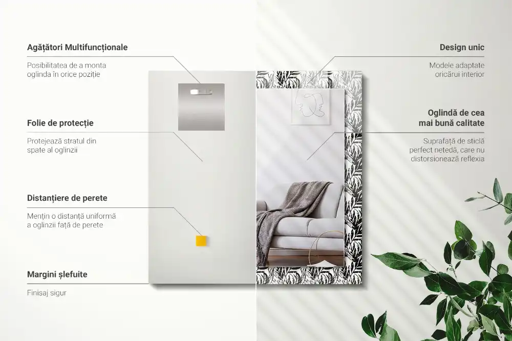 Tiskano pravokotne ogledalo Črno-beli listi