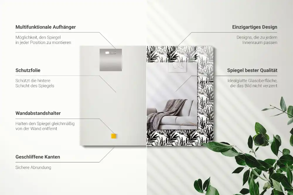 Tiskano pravokotne ogledalo Črno-beli listi