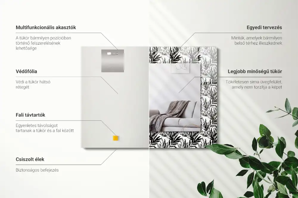 Tiskano pravokotne ogledalo Črno-beli listi