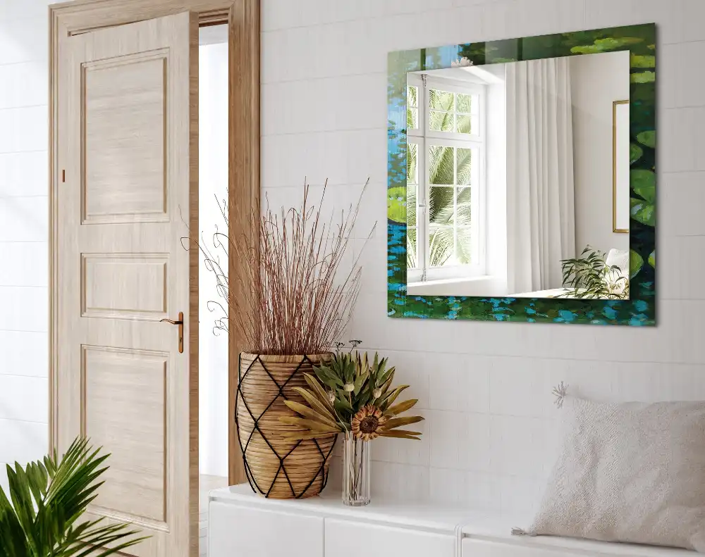 Pravokotne ogledalo s potiskanim okvirjem Ribnik z lokvanji