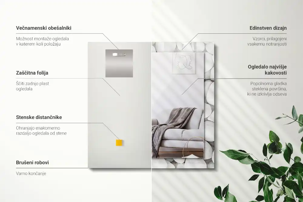 Pravokotne okrasno ogledalo Beli gladki kamni