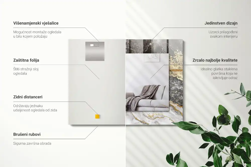 Pravokotne ogledalo s potiskanim okvirjem Povzetek marmornih žil
