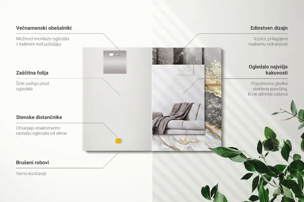 Pravokotne ogledalo s potiskanim okvirjem Povzetek marmornih žil