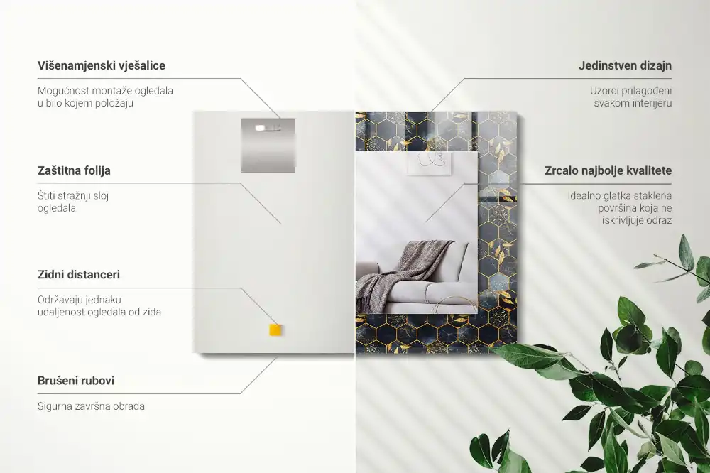 Pravokotne ogledalo s potiskanim okvirjem Šesterokotni listi