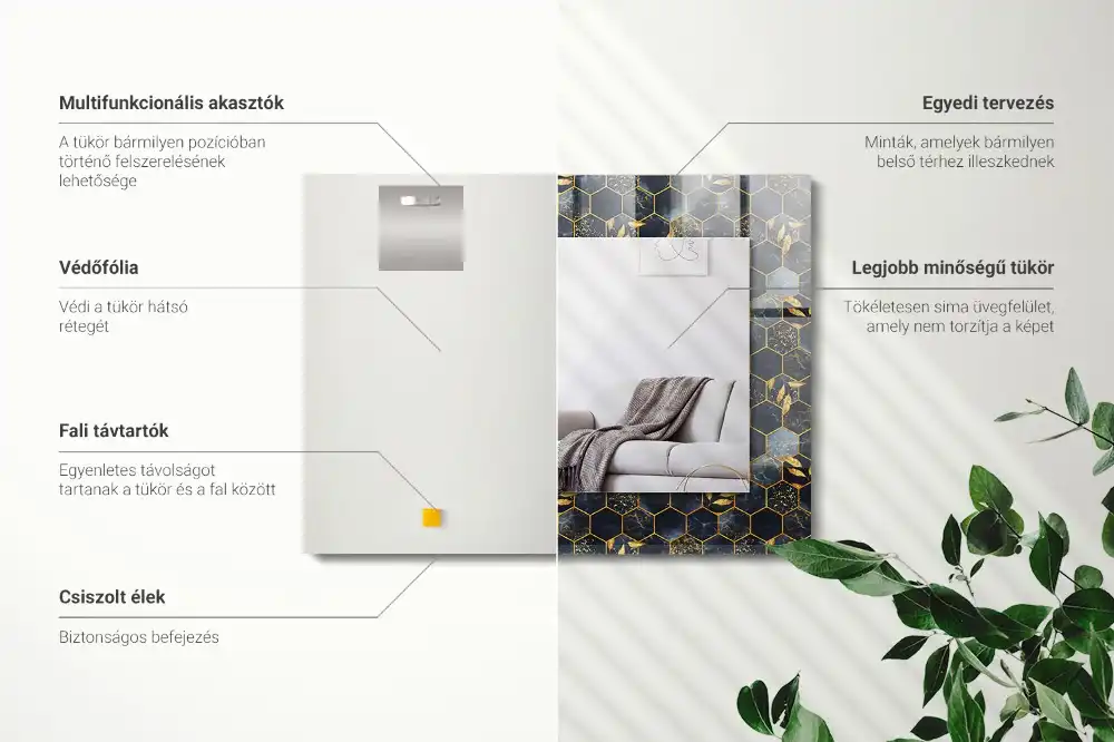 Pravokotne ogledalo s potiskanim okvirjem Šesterokotni listi