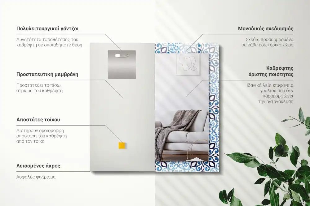 Tiskano pravokotne ogledalo Modri ​​okrasni vzorec