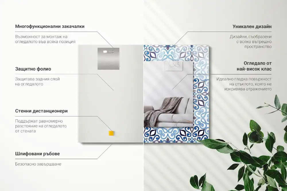 Tiskano pravokotne ogledalo Modri ​​okrasni vzorec