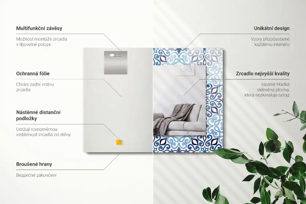 Tiskano pravokotne ogledalo Modri ​​okrasni vzorec