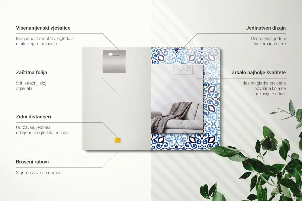 Tiskano pravokotne ogledalo Modri ​​okrasni vzorec