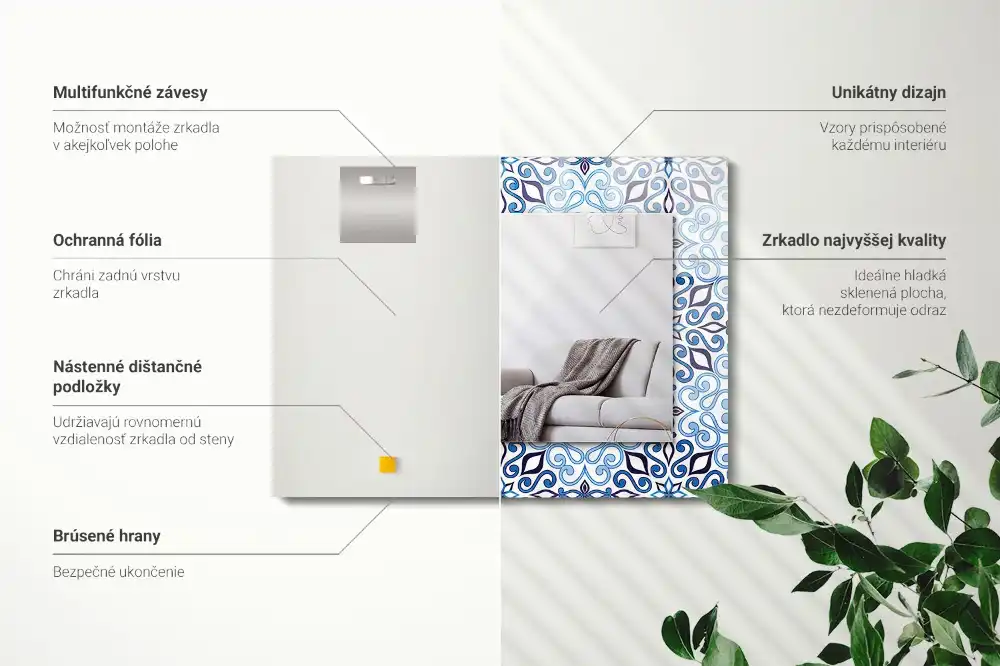 Tiskano pravokotne ogledalo Modri ​​okrasni vzorec