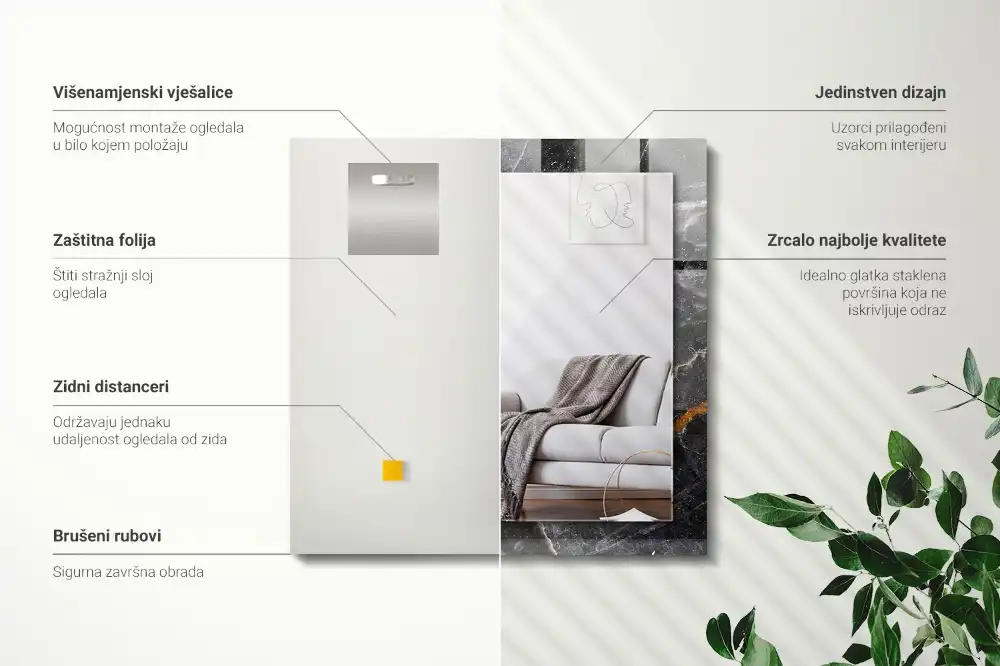 Pravokotne ogledalo s potiskanim okvirjem Črne marmorne žile