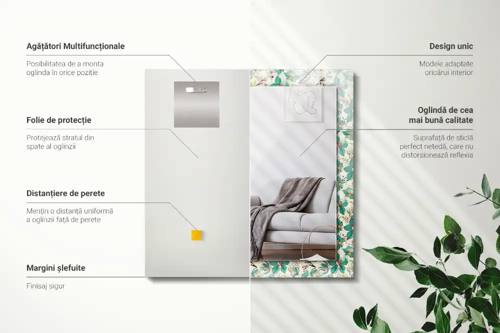 Pravokotne ogledalo s potiskanim okvirjem Ptice in rože