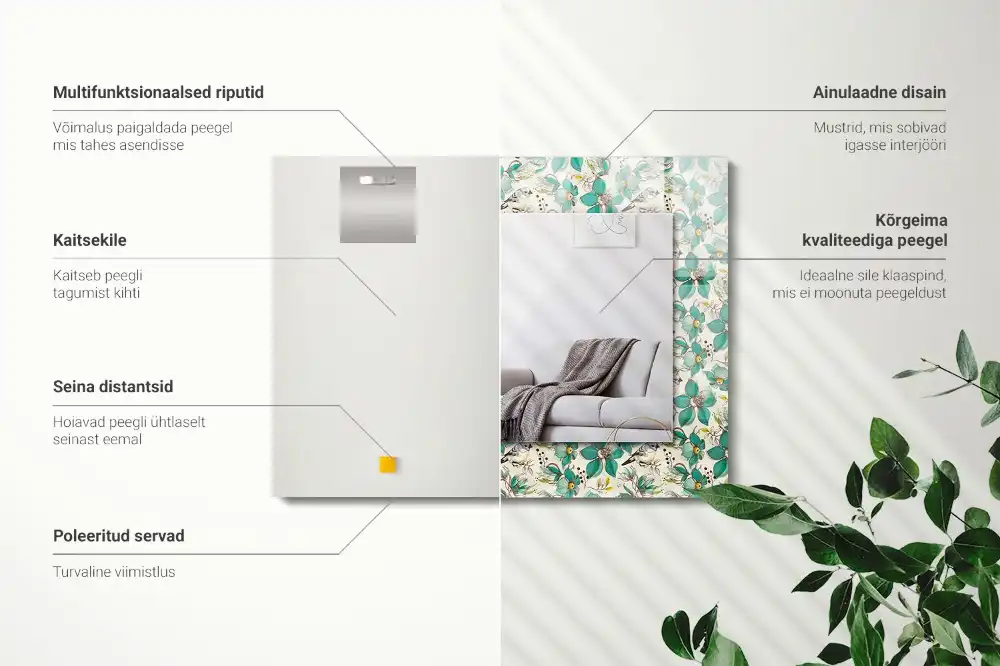 Pravokotne ogledalo s potiskanim okvirjem Ptice in rože