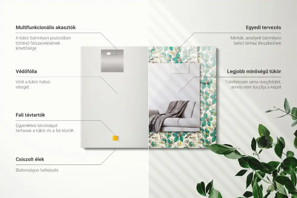 Pravokotne ogledalo s potiskanim okvirjem Ptice in rože