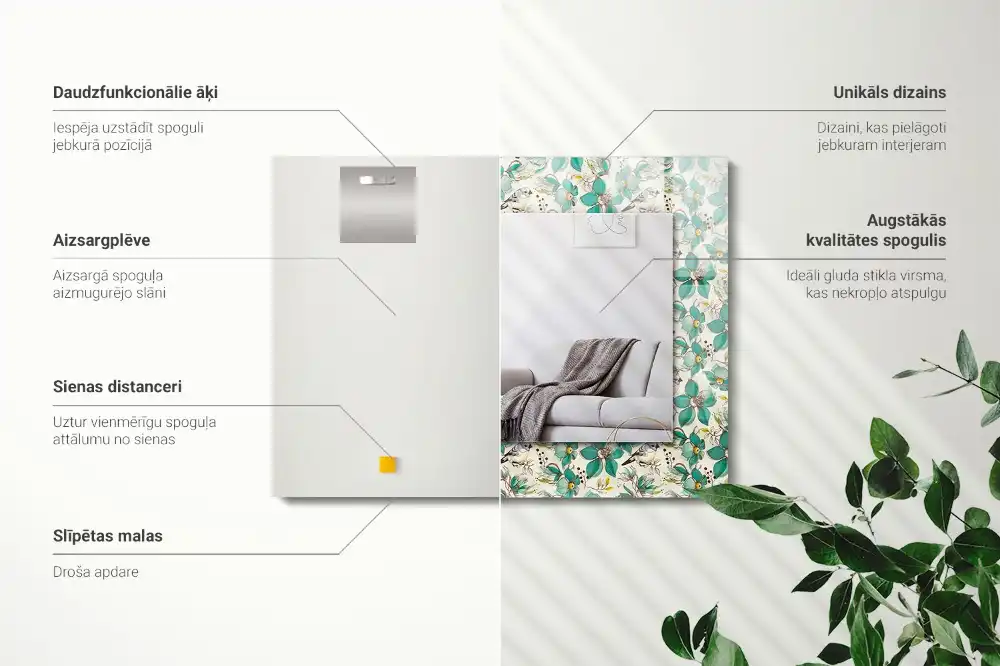 Pravokotne ogledalo s potiskanim okvirjem Ptice in rože