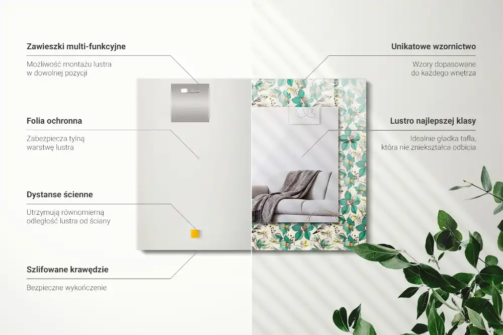 Pravokotne ogledalo s potiskanim okvirjem Ptice in rože