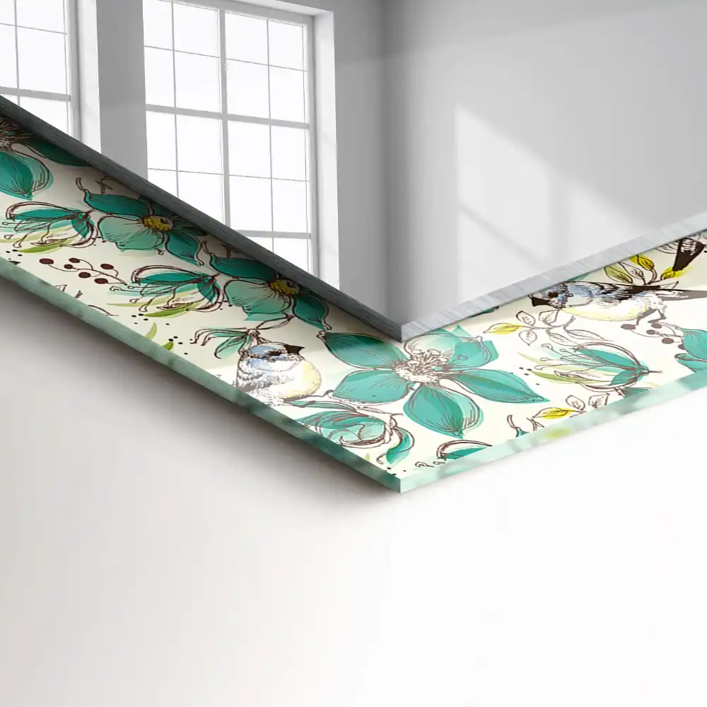 Pravokotne ogledalo s potiskanim okvirjem Ptice in rože