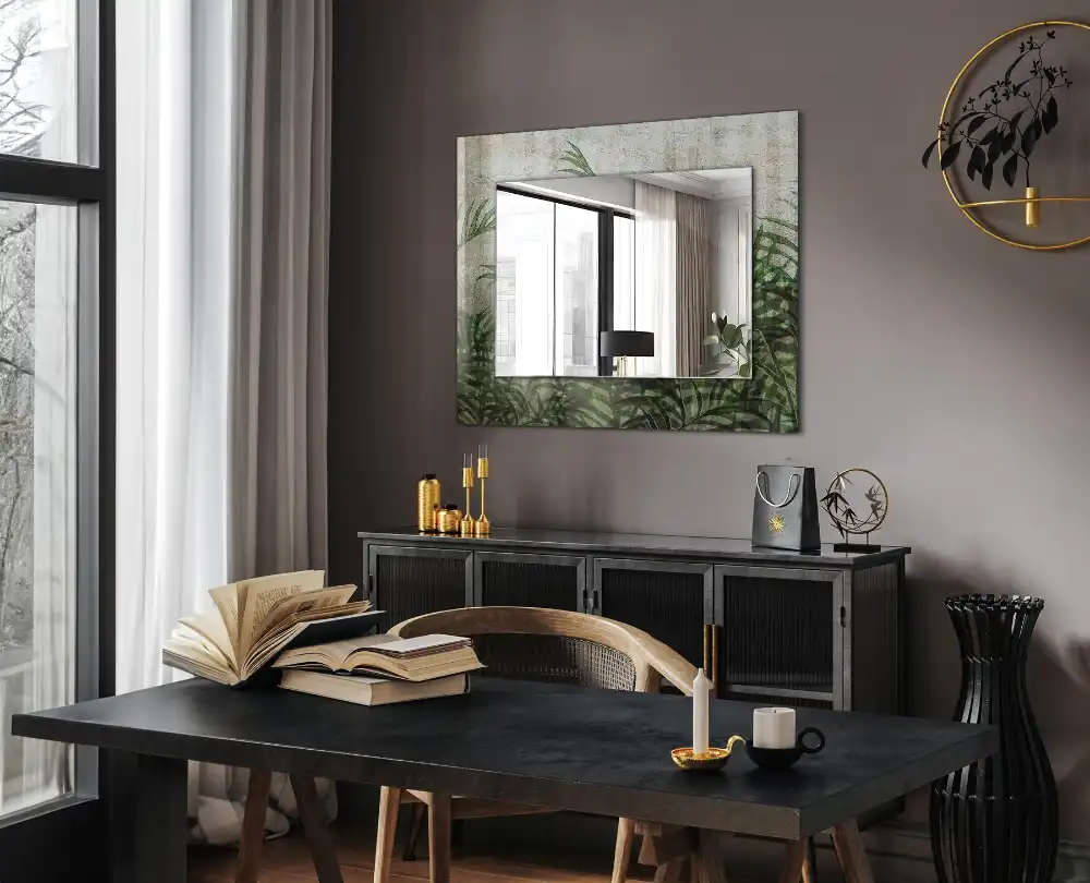 Pravokotne ogledalo s potiskanim okvirjem Zeleni listi praproti