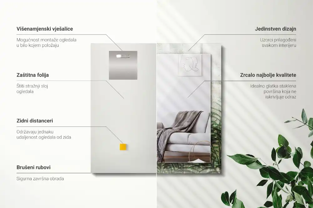 Pravokotne ogledalo s potiskanim okvirjem Zeleni listi praproti