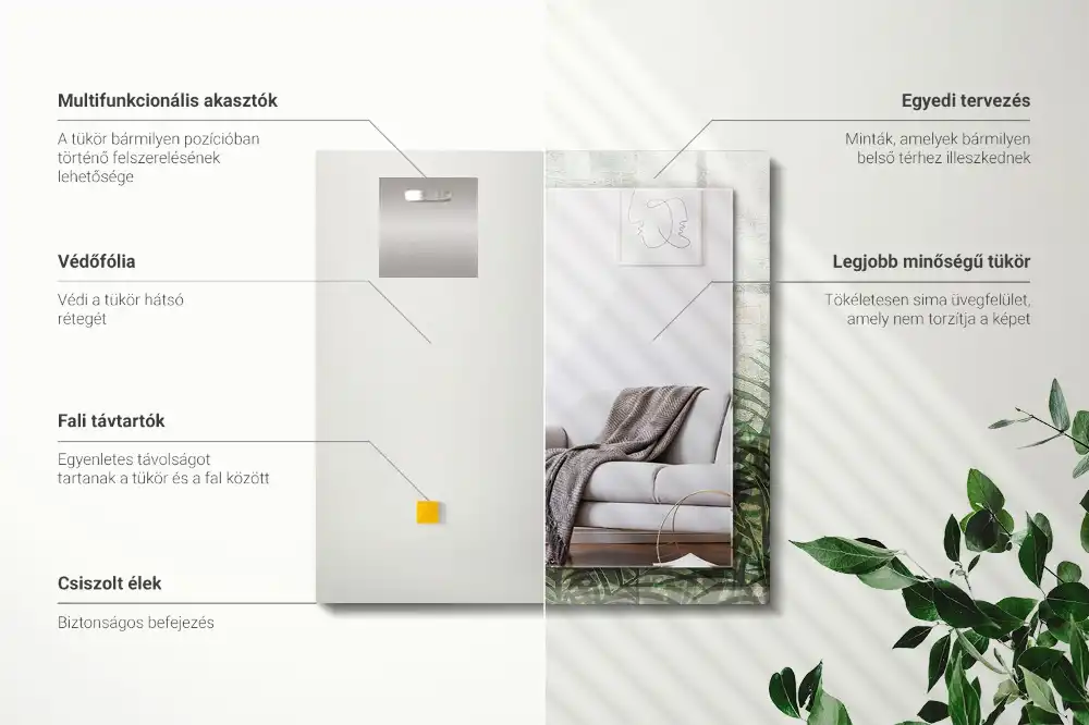 Pravokotne ogledalo s potiskanim okvirjem Zeleni listi praproti