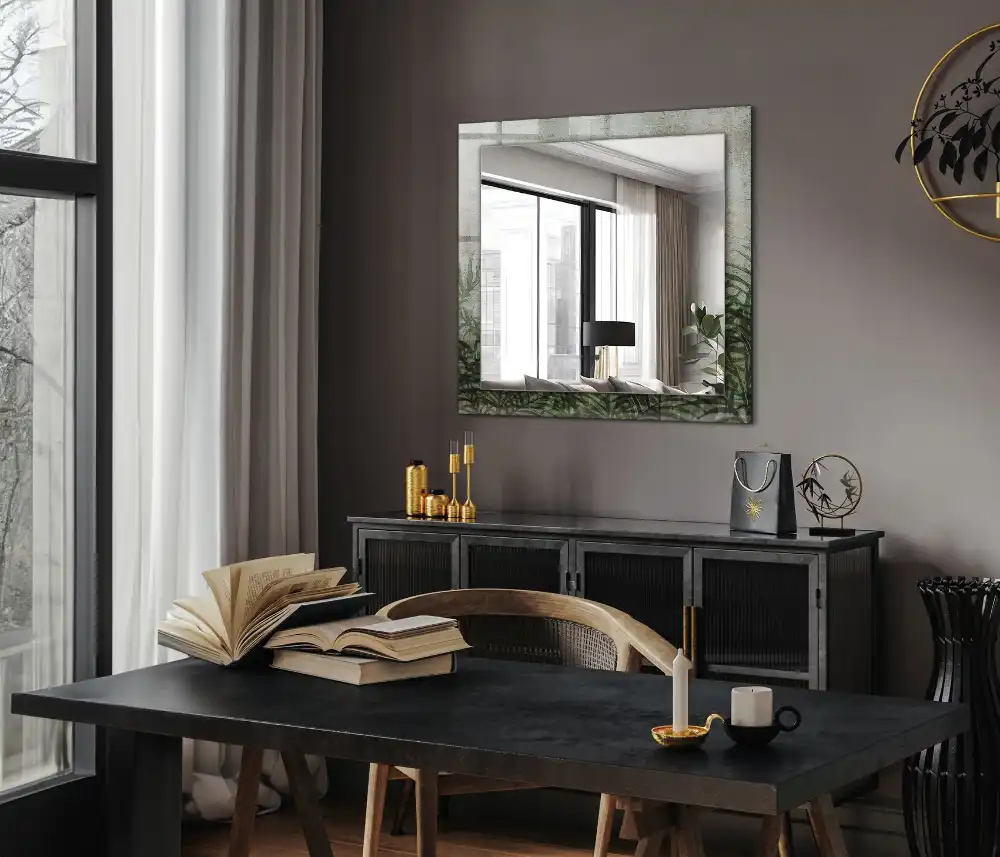 Pravokotne ogledalo s potiskanim okvirjem Zeleni listi praproti