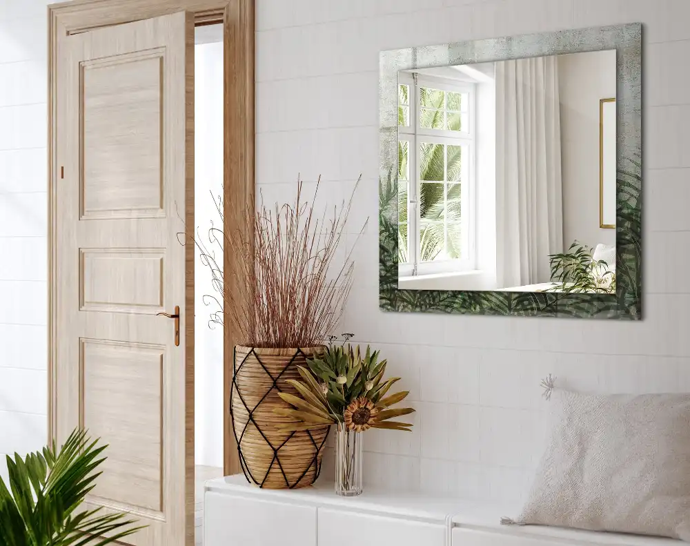 Pravokotne ogledalo s potiskanim okvirjem Zeleni listi praproti