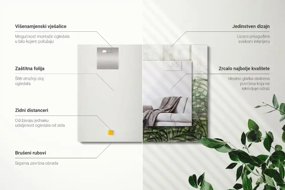 Pravokotne ogledalo s potiskanim okvirjem Zeleni listi praproti